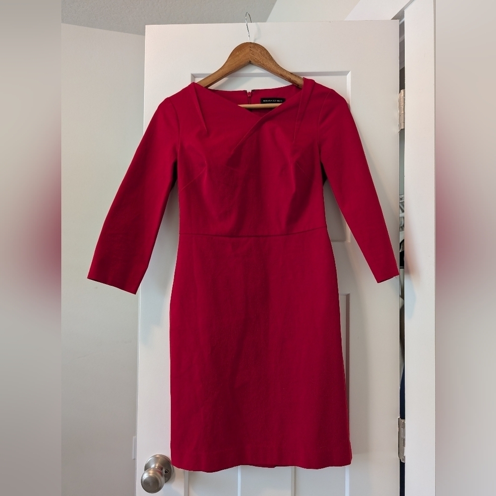 Banana Republic Cherry Red Work Dress Long Sleeve Knee Length 4 Small Petite - Picture 2 of 6